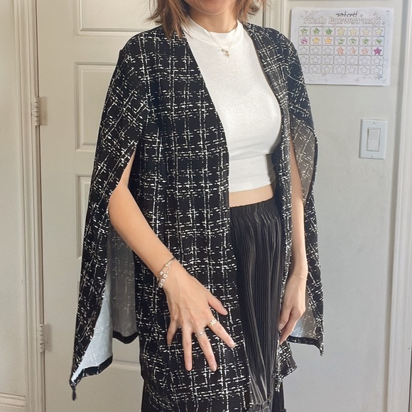 Classic Abstract Plaid Print Open Front Cape Blazer Jacket - Picture 10 of 11